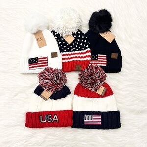C.C USA Pom Beanie for Adults, American Flag Beanies, Fourth of July Beanies